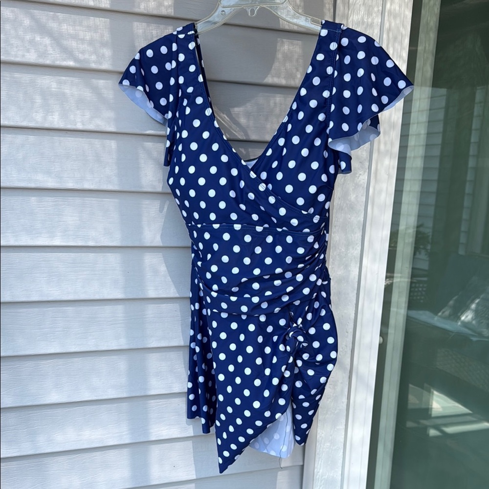 SALE! Blue Polka Dot Wrap Bathing Suit. Size L
